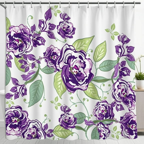 Elegant Floral Shower Curtain with Purple Roses & Green Leaves - Vintage Charm