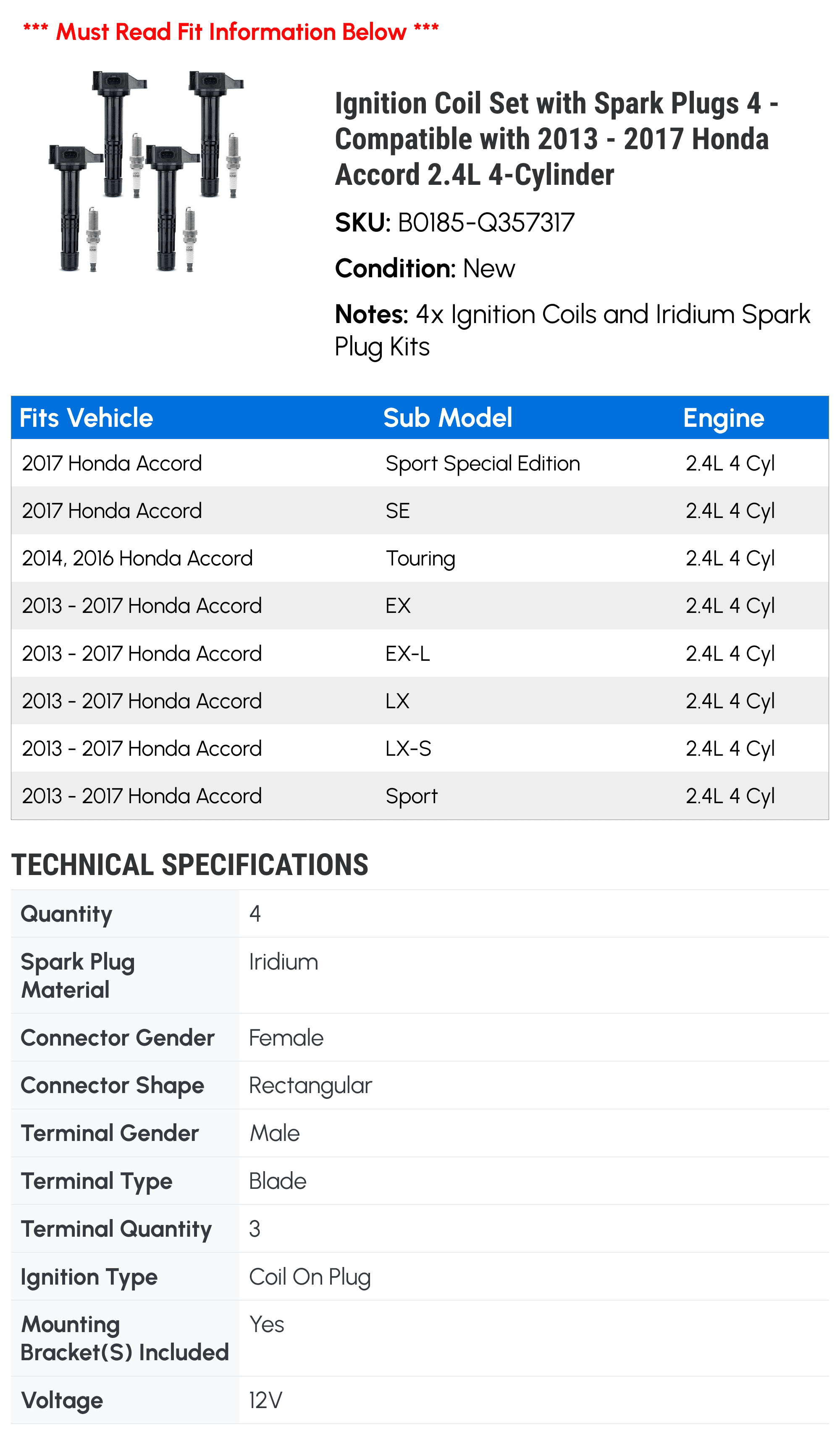 Ignition Coil Set with Spark Plugs 4 - Compatible with 2013 - 2017 Honda Accord 2.4L 4-Cylinder - Autopart Premium