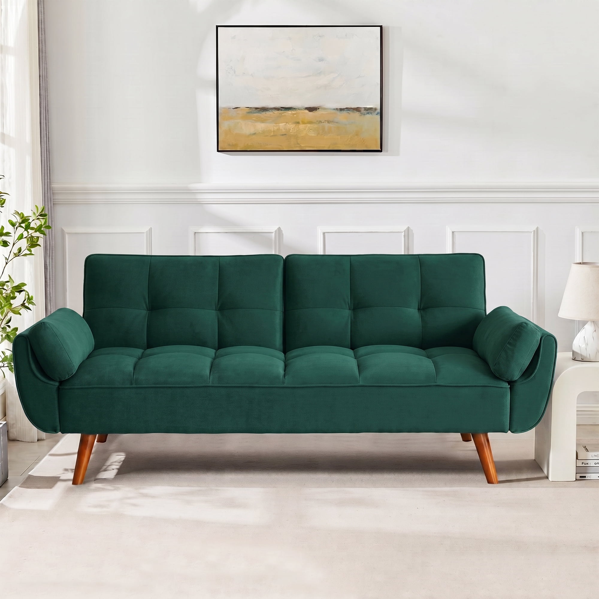 Aukfa 75" Pillow Top Arm Futon Convertible Sofa Bed, Tufted Loveseat Sleeper Couch for Home Office, Linen, Peacock Blue