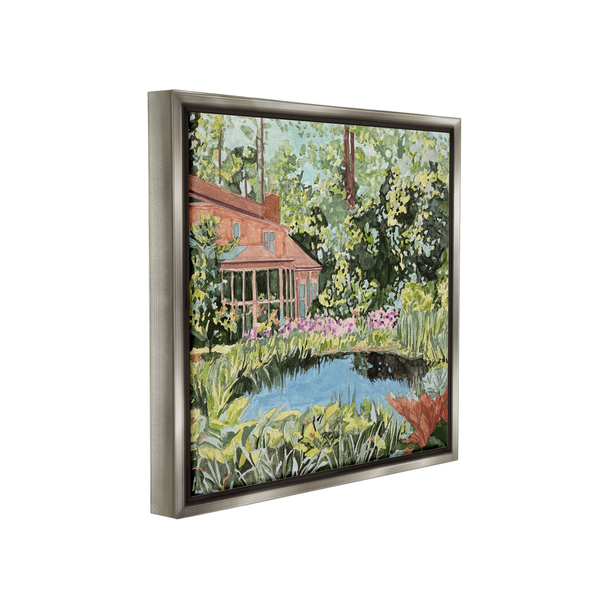 Stupell Industries Cottage with Backyard Pond Landscape Painting Gray Floater Framed Canvas Art Print Wall Art, 25 x 25