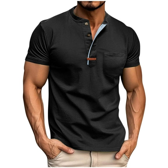VSSSJ Mens Casual Short Sleeve Henley Shirts Fashion Button Slim Fit Crewneck Vintage Muscle Workout T Shirts with Pocket Black XXL