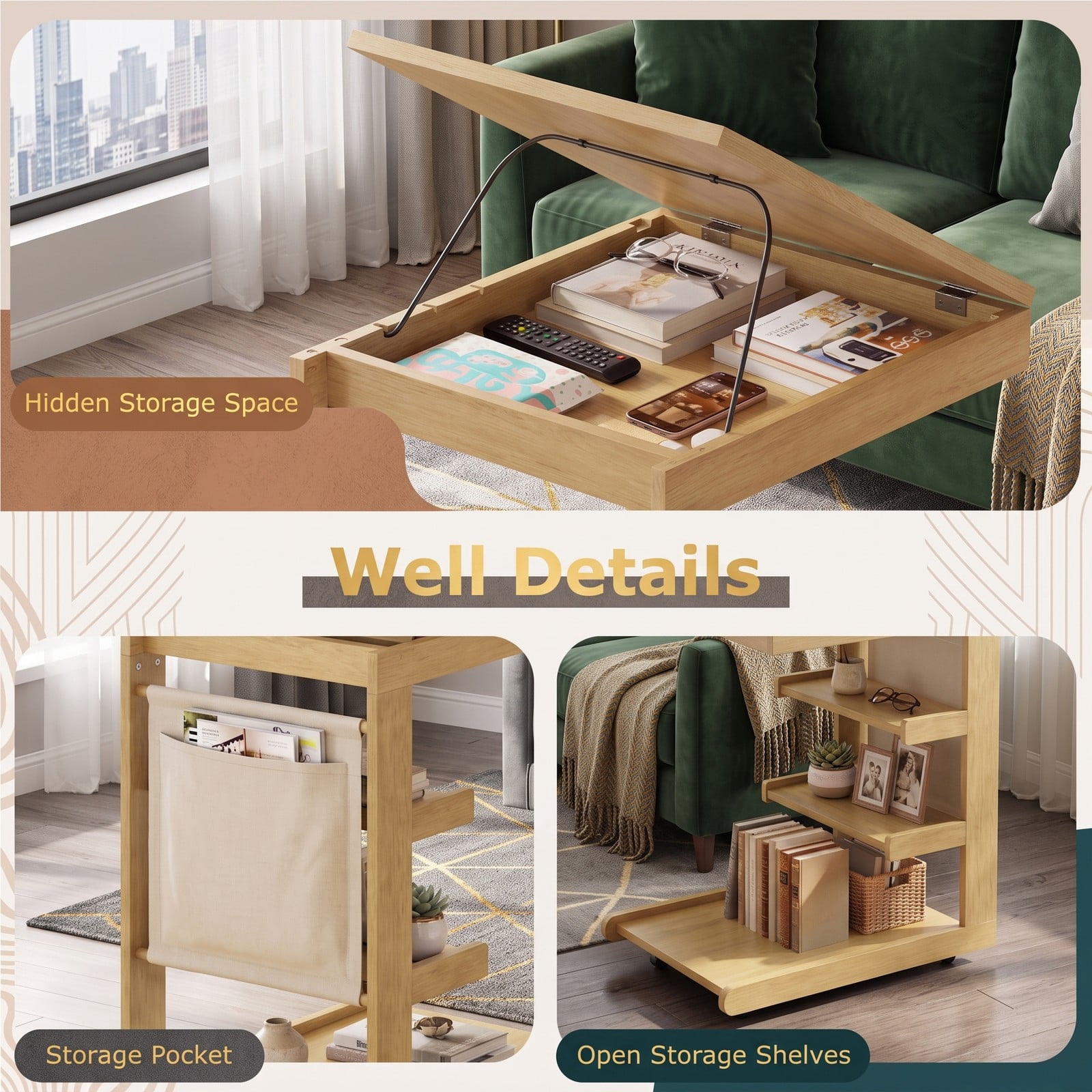 Furnibear C Shaped End Table with Wheels and Adjustable Tilt Desktop, Rolling Sofa Side Table with Hidden Storage and 3 Open Shelves for Couch Bedside Living, Natural