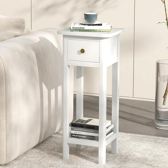 Narrow Side Table, Tall Nightstand with Drawer and Shelf, Small Bedside Tale for Small Space, Living Room End Tables, No Assembly (1, White)