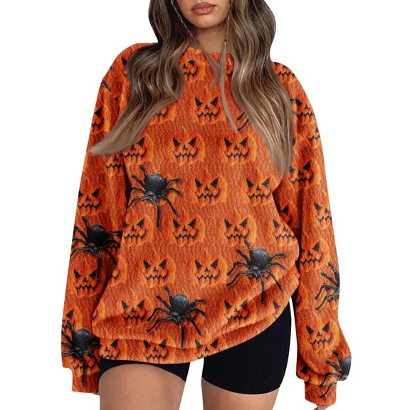 JGNGSHN Halloween Sweatshirt Women Long Sleeve Flannel Dropped Shoulder Sweater Top Spider Pumpkins Print Shirts Spooky Season Pullover Oversize Fall Clothes