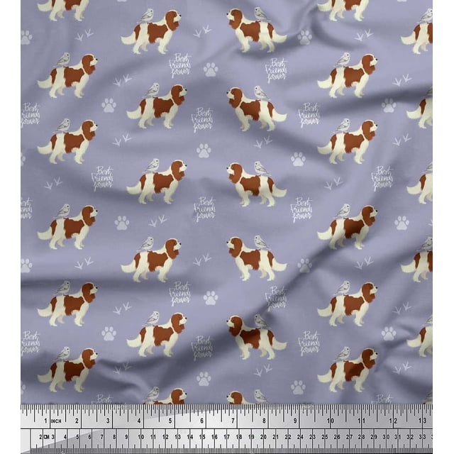 Soimoi Grey polyester Crepe Fabric Bird,Paw & Cocker Spaniel Dog Printed Fabric 1 Yard 42 Inch Wide