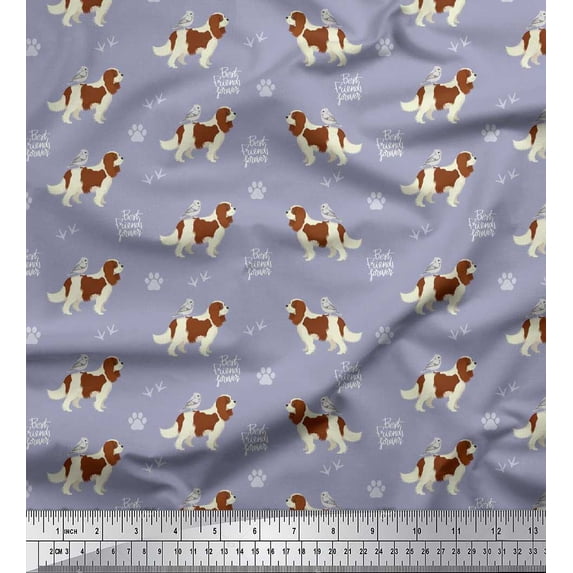 Soimoi Grey Moss Georgette Fabric Bird,Paw & Cocker Spaniel Dog Print Sewing Fabric Yard 42 Inch Wide