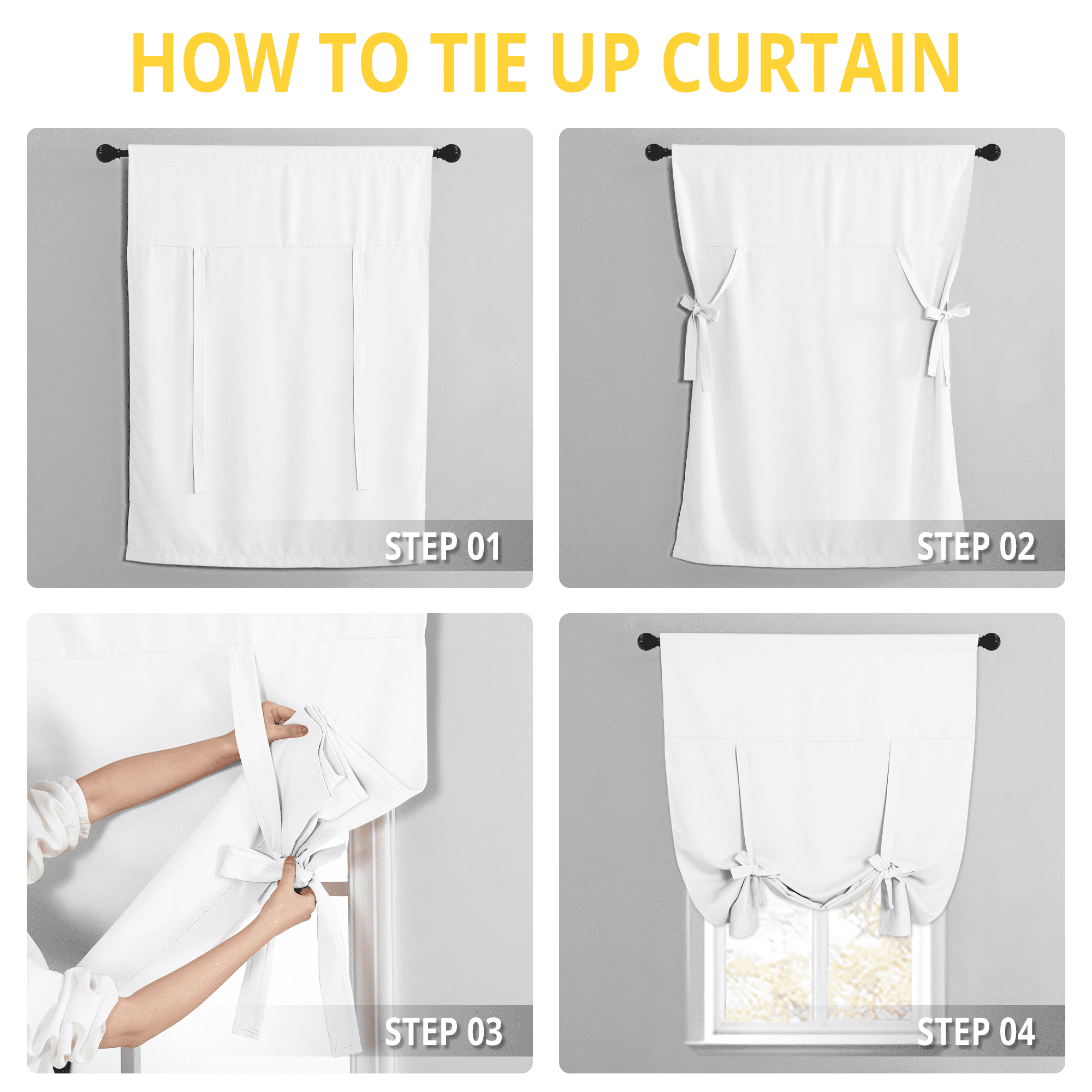 NICETOWN Tie Up Shade Modern White Solid High Shading Kitchen Blackout Curtains, 46" x 63"