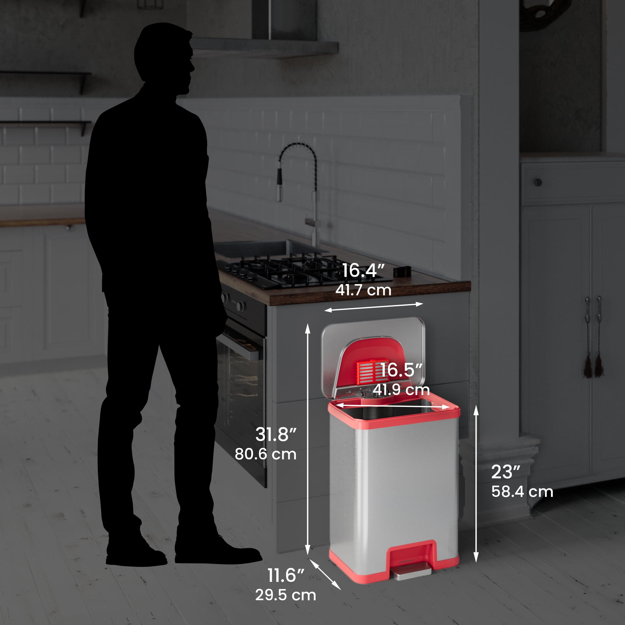 iTouchless AutoStep 13 Gallon Stainless Steel Automatic Step Trash Can with AbsorbX Odor Filter, Red Trim, 49 Liter Garbage Bin for Home, Office
