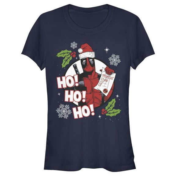 Junior's Marvel Deadpool Santa Naughty List Holiday  Graphic Tee Navy Blue Small
