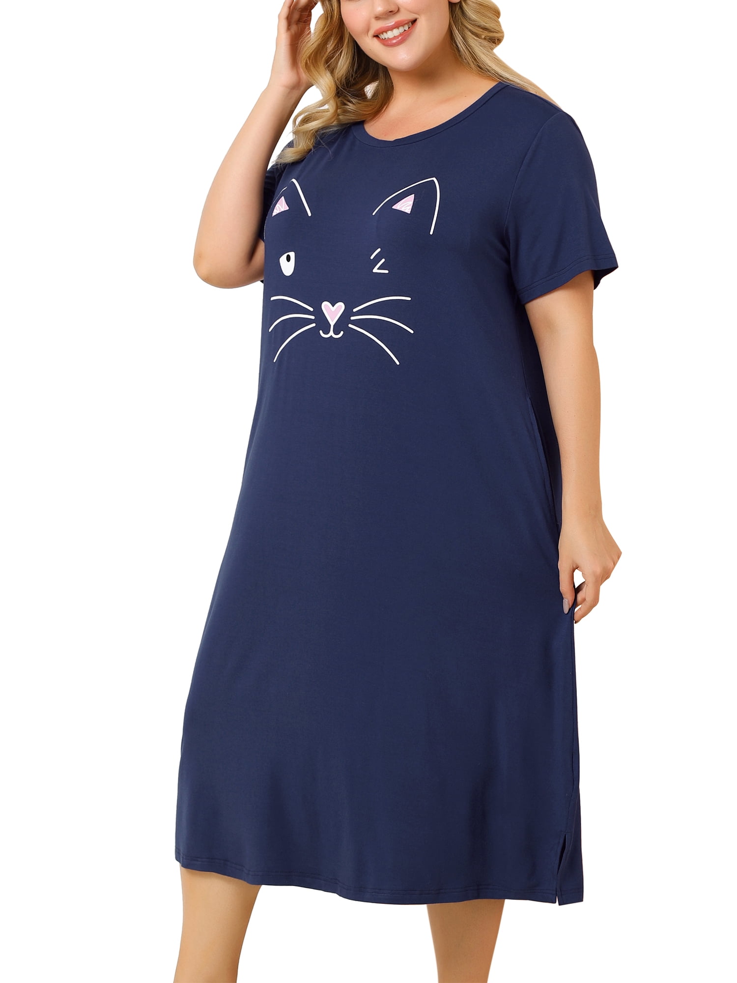 Agnes Orinda Nuisettes pour Femmes Grande Taille Fête des Mères Col Rond Manches Courtes Robe de Nuit Imprimé Chats Pyjamas Détente Maison avec Poche 2X Bleu Marine