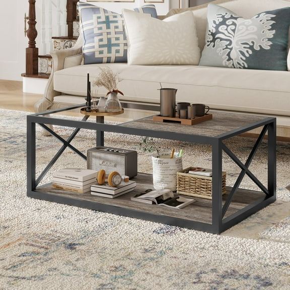 Coffee Tables Modern coffee table for Bedroom & Living Room, Tempered Glass&Rustic Wood Grain MDF, Industrial Style coffee table,Wooden Coffee Tables