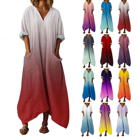 QIUOMBBP Womens Ruffle Maxi Dresses 3/4 Sleeve V Neck Long Dress with Pockets Loose Casual Summer Sundress for Beach Pink M