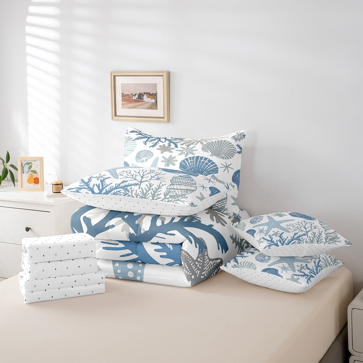 Nautical Coastal Bed in a Bag Queen Comforter Set 7 Piece,Blue Ocean Beach Bedding Set Seashell Starfish Sheet Sets with Comforter Conch Shell Coral Bed Set,Plain White Blue Room Decor