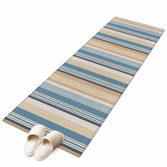 Runner Rugs 2x6 Ft, Blue Brown Beige Non Slip Area Rugs for Kitchen Bedroom Entryway, Boho Farmhouse Abstract Stripes Art Washable Carpet Runner Rug Floor Mats for Bedroom Home Decor