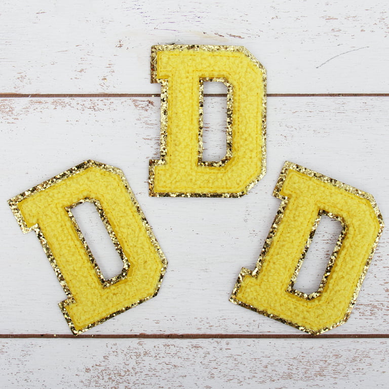26 Letter Set Chenille Iron On Glitter Varsity Letter Patches - Yellow  Chenille Fabric With Gold Glitter Trim - Sew or Iron on - 8 cm Tall