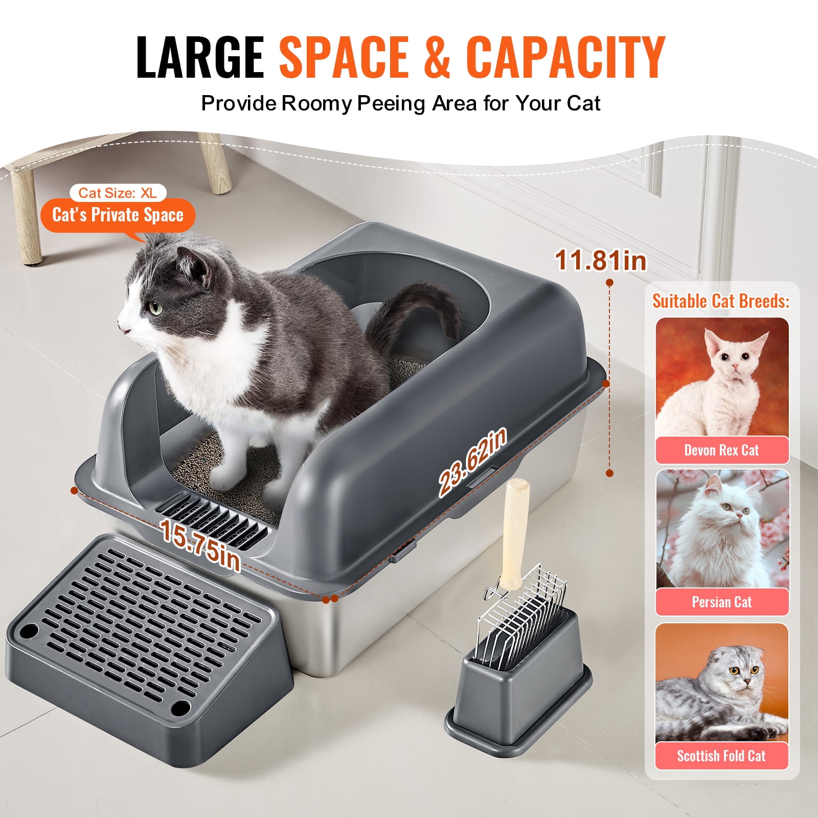 KFFKFF Extra Large Stainless Steel Cat Litter Box, 6-Inch Deep Design with Scoop, High Sides & Wide Filtering Foot Board, Enclosed and Easy to Clean, Ideal for Large Cats