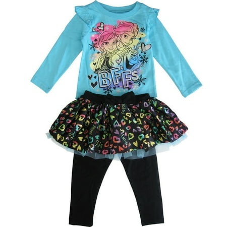 Disney Little Girls Blue Black Anna Elsa Frozen Heart Leggings 3 Pc Outfit 2T
