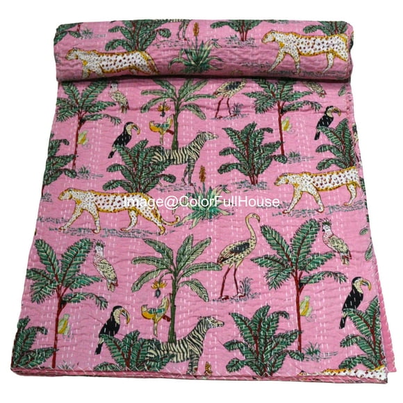 Indian Handmade Animal Print Cotton kantha Quilt, Village art gudri,Hand Stitch Quilt,Bedspread, Blanket Size ( Double 90" x 108")