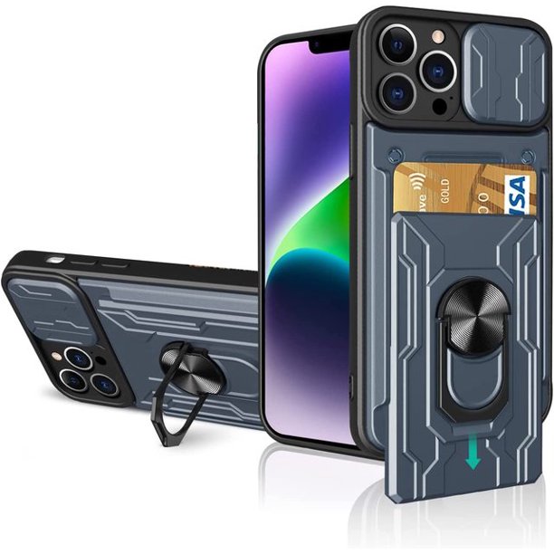 Funda con anillo deslizante para iPhone, carcasa con ranura para tarjeta de grado militar, 14, 13, 12 Pro Max, XR, X, 8, 7 Plus, SE Fivean unisex