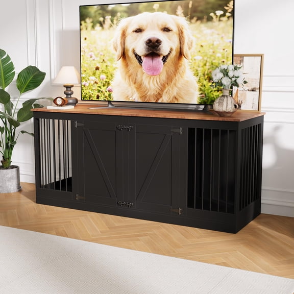 Kicctian 70.8" Large Dog Crate Furniture, Wooden Dog Kennel for 2 Dogs,Black