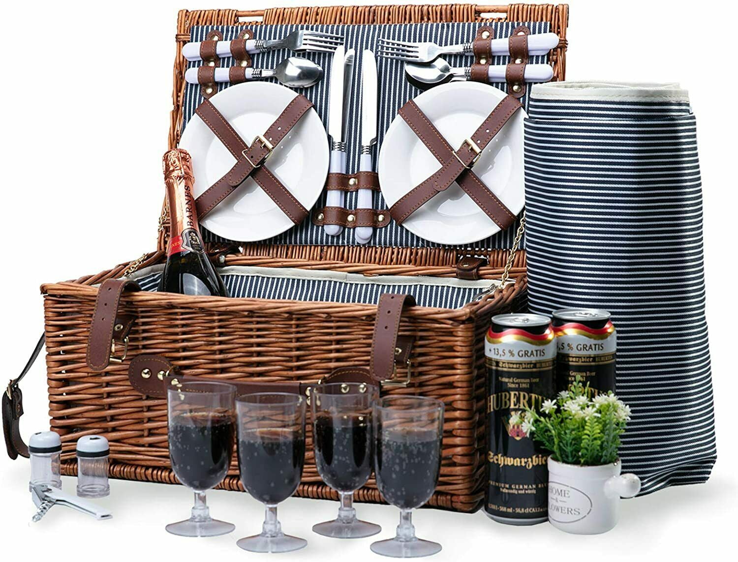 HappyPicnic Extra Large Willow Picnic Basket with Service Set for 4 Persons and 