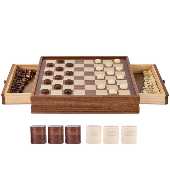 KFFKFF Chess Set Crafted from Solid Wood, 15 inch Dual-Function Chess and Checkers Game Set, Comes with Storage Drawer, Weighted Chess and Checkers Pieces, and Extra Queens