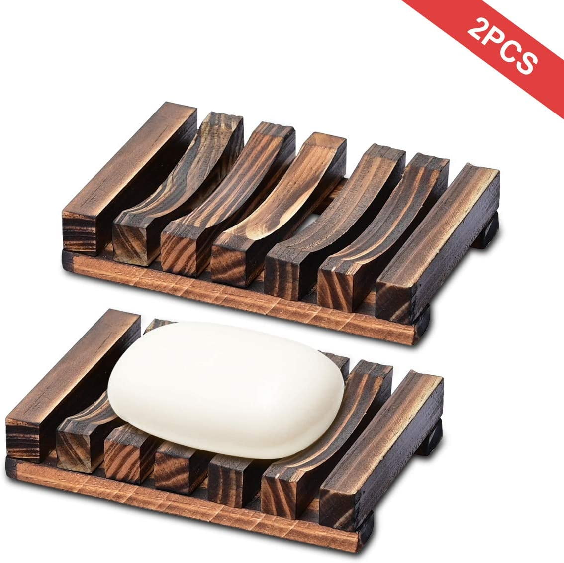 2 Pack Bamboo Self-Draining Soap Box Soap Holder for Shower Bathroom Kitchen; 