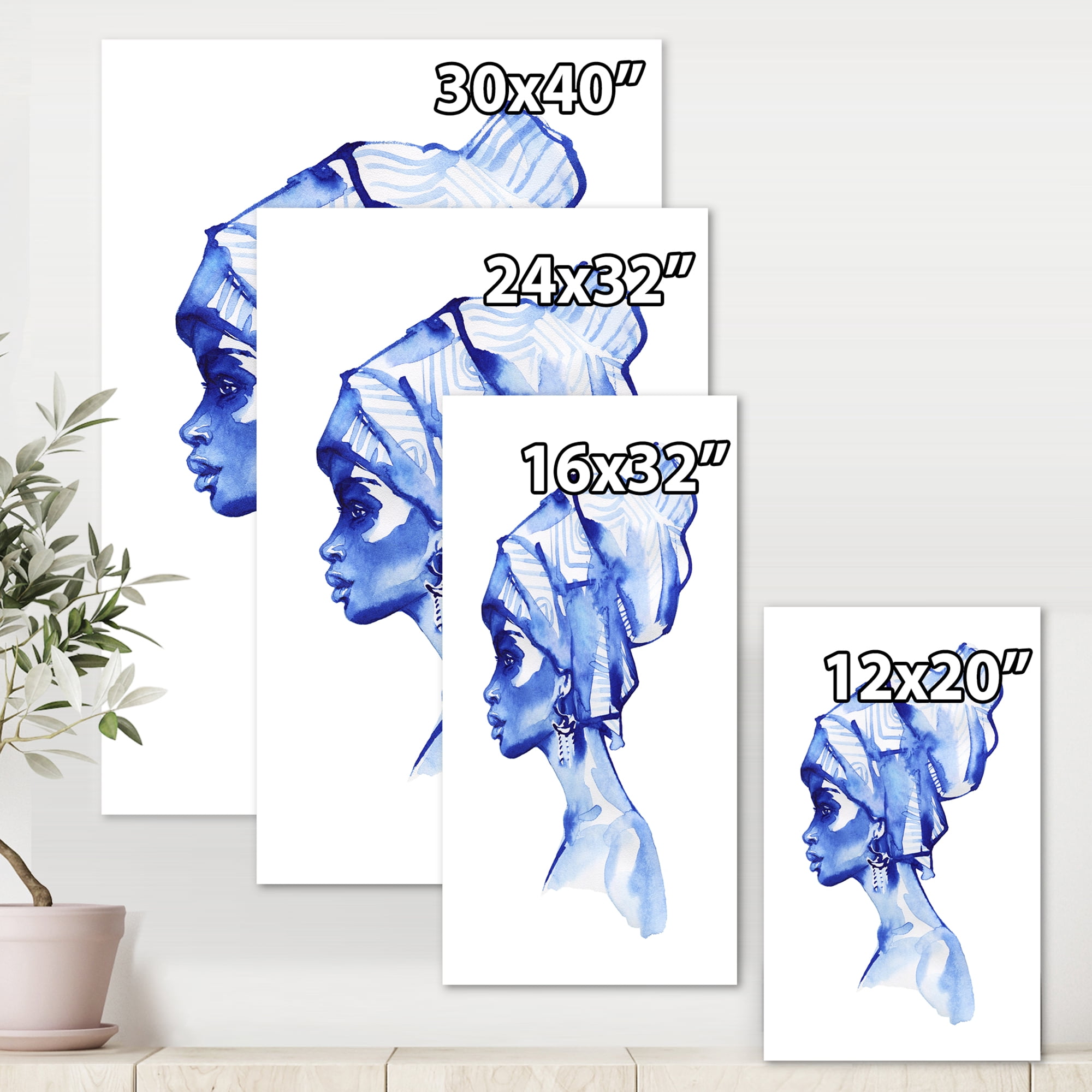 Afro American Woman Blue Fashion Portrait 30 in x 40 in Painting Canvas Art Print, by Designart