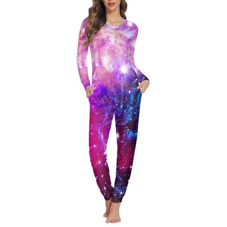 

Pzuqiu Breathable Women Pajama Set Long Sleeve Long Sleeve Top and Pant with Pocket 2PCS Loungewear Stylish Athletic Clothing Galaxy Nightwear for Winter Fall Clothes Size XS