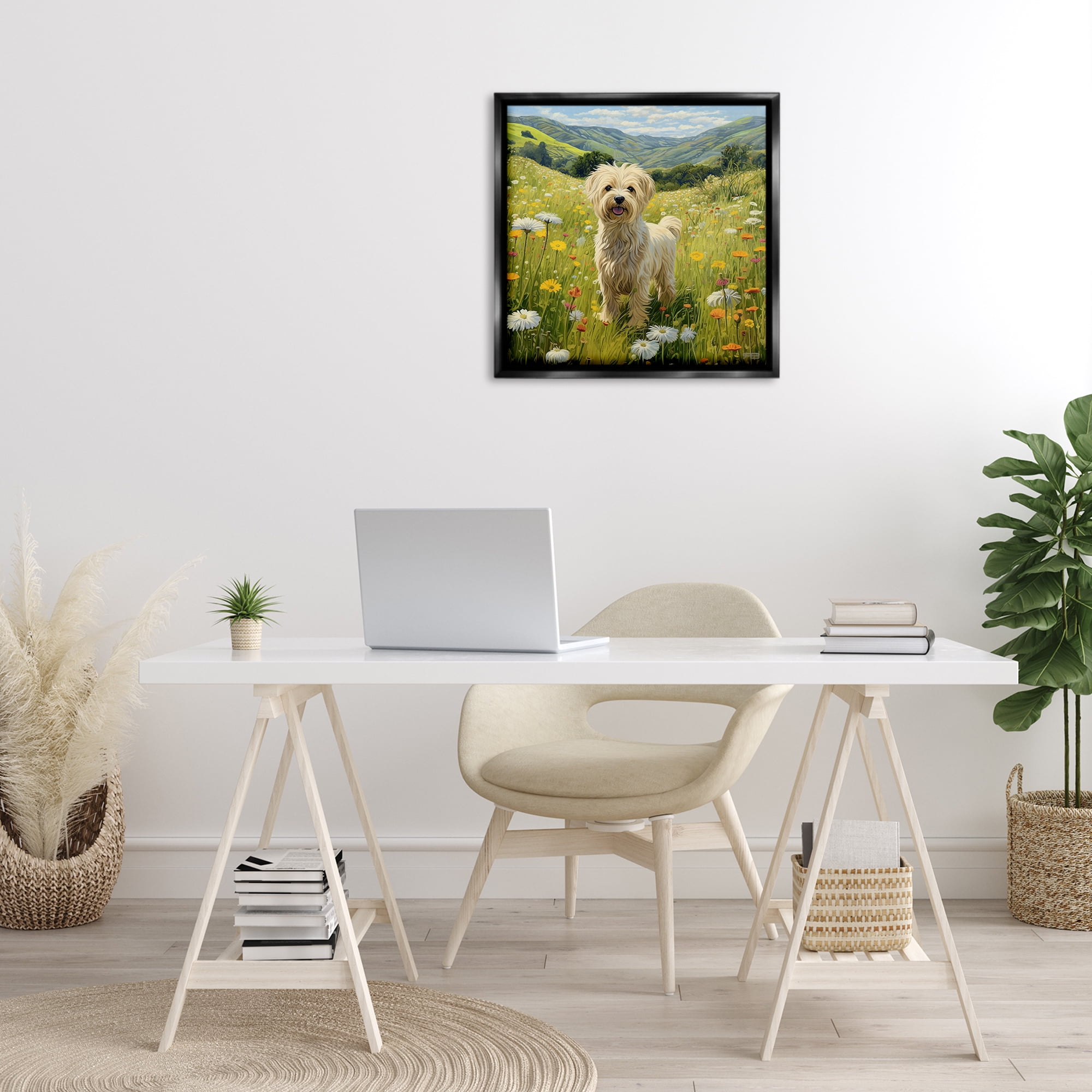 Stupell Industries Terrier Dog Rural Meadow Landscape Painting Black Floater Framed Canvas Art Print Wall Art, 25 x 25