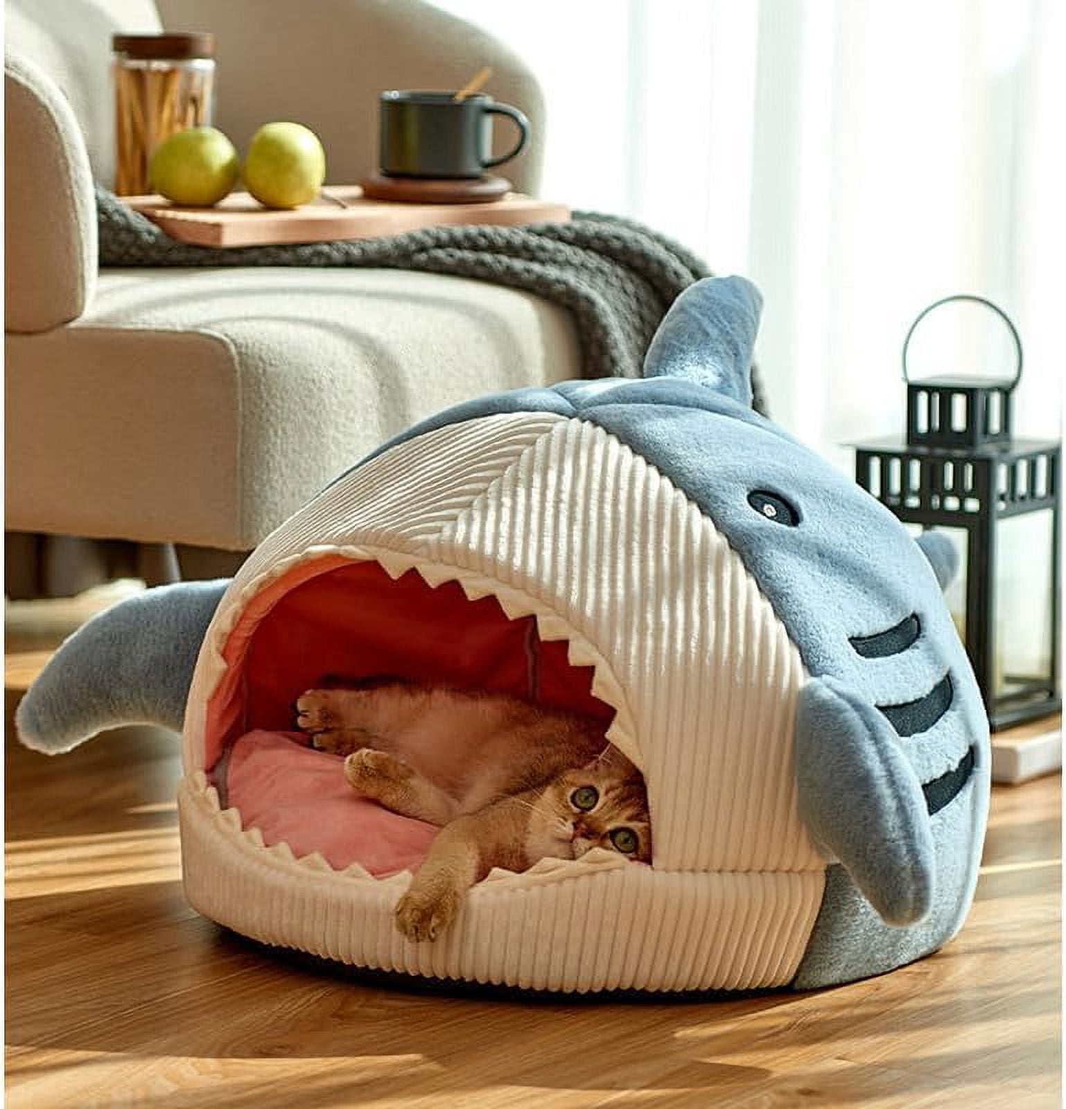 Quixal Shark Shape Large Cat Bed with Removable Washable Pillow, Blue