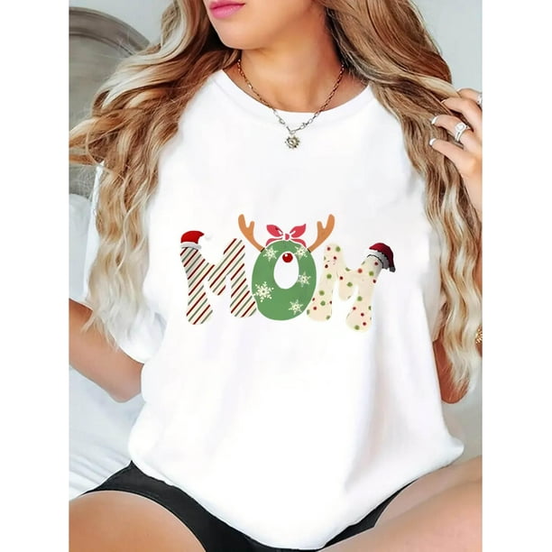 Camiseta informal de manga corta con cuello redondo y estampado navideño de astas de reno para mujer, de punto de algodón, cómoda para verano y fiestas, estilo de temporada global.