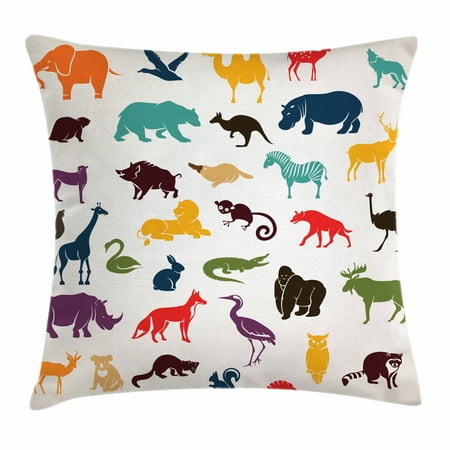 Zoo Throw Pillow Cushion Cover, Big Set of African and European Animals Silhouettes in Cartoon Style Safari Wildlife, Decorative Square Accent Pillow Case, 20 X 20 Inches, Multicolor, by (Best Zoo In Europe)