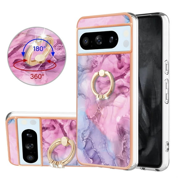 For Google Pixel 8 Pro Case,Ring Holder Stand Marble Pattern 3 in 1 Rugged Shockproof Hybrid Hard PC Soft Rubber Bumper Drop Protective Girls Women Boy Men Phone Cases for Google Pixel 8 Pro,Pink