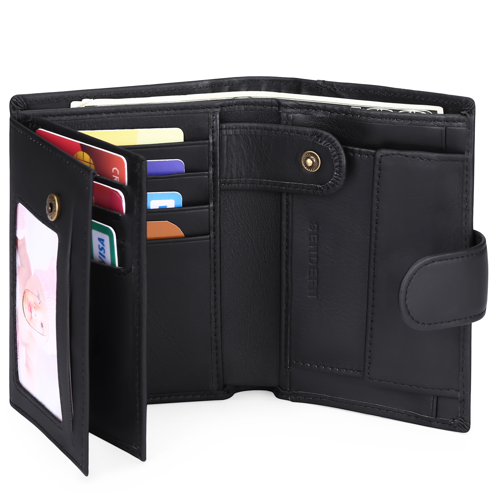 SENDEFN Men's Genuine Leather Trifold Wallet, Black
