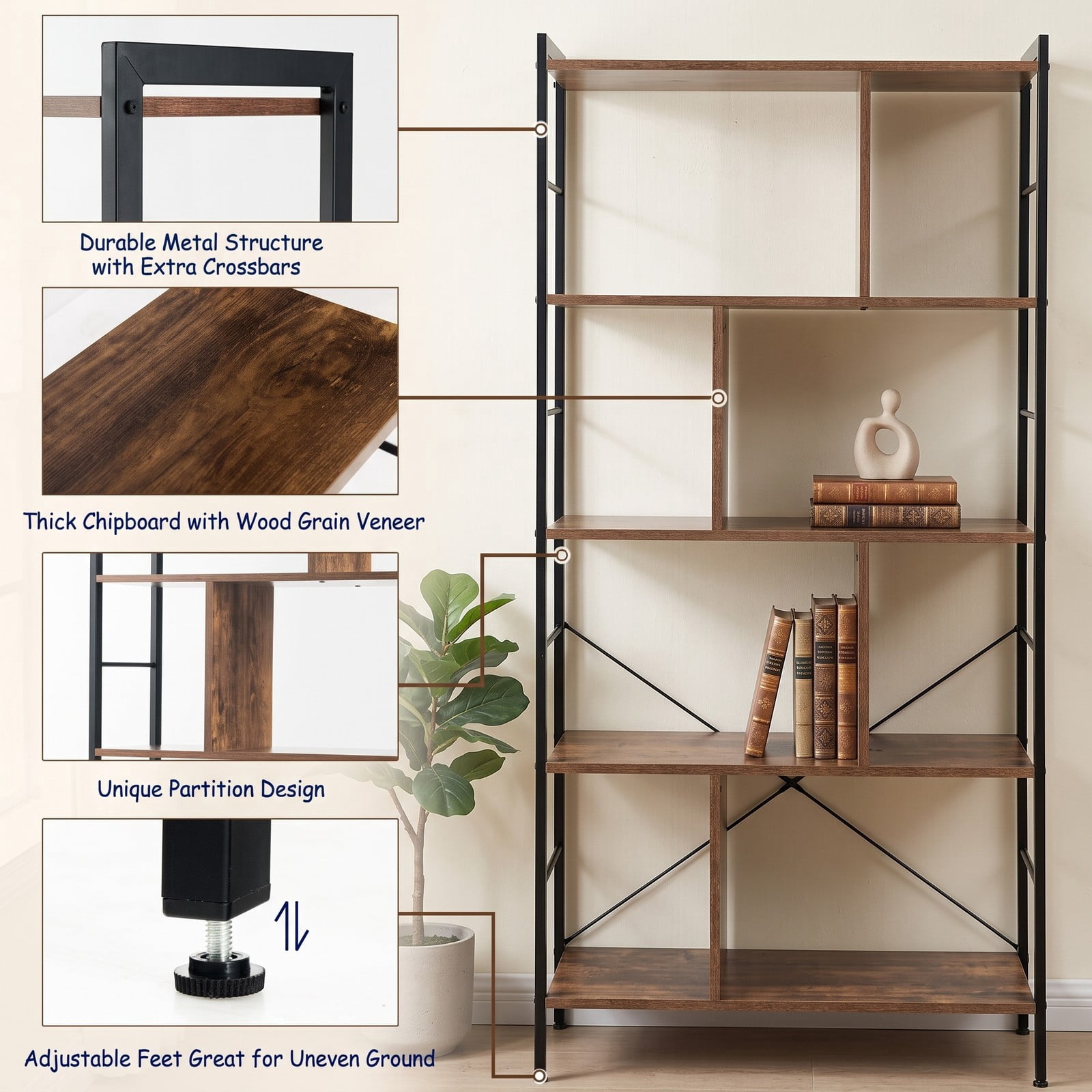 Furnibear 4-Tier Industrial Freestanding Bookshelf, Wood and Metal Frame Bookcase Open Storage Shelf with Anti-Toppling Device for Living Room Bedroom, Rustic Brown