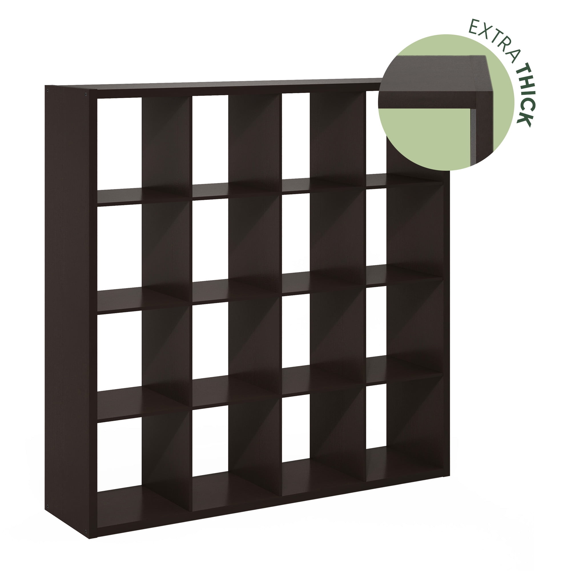 Furinno CUBICLE Book Shelf, 16-Cube Thick Frame Bookshelf, Reversible Bookcase with Open Back, 14.6 x 57.8 x 58, for Living Room, Bedroom, Home Office, Black Dark Oak