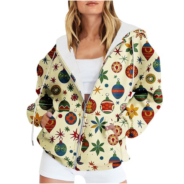 Puntoco Chaqueta Con Capucha Y Manga Larga Con Cremallera Y Estampado Navideño Informal Para Mujer