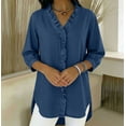 thumbnail image 2 of FRSASU Women's Casual Shirt V-Neck Button Down Ruffled Edge 3/4 Sleeve Oversize Peasant Blouses Beach Tops Dark Blue, 2 of 5