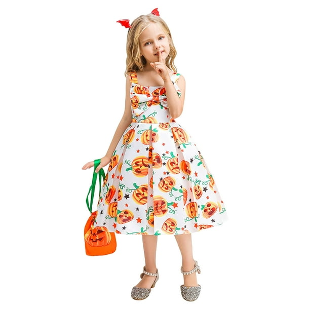 Phenas Kids Girls Halloween Costume Dress Ghost Pumpkin Printed Fancy
