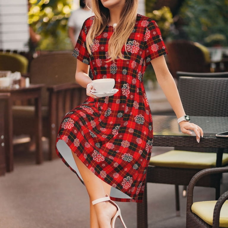 Salouo Snowflakes On A Buffalo Plaid for Women's Short Sleeve Summer Dress,  Pleated Loose Swing Knee Length Dresses with Pockets - Walmart.com