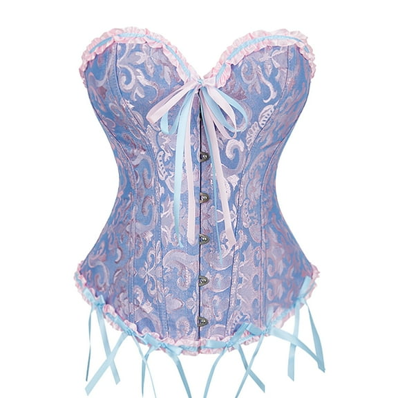 Corsets for Women Overbust Bustier Vintage Lace Up Ruffles Halloween with Bow Tie Front Elegant Adjustable Girdle for Women Blue L