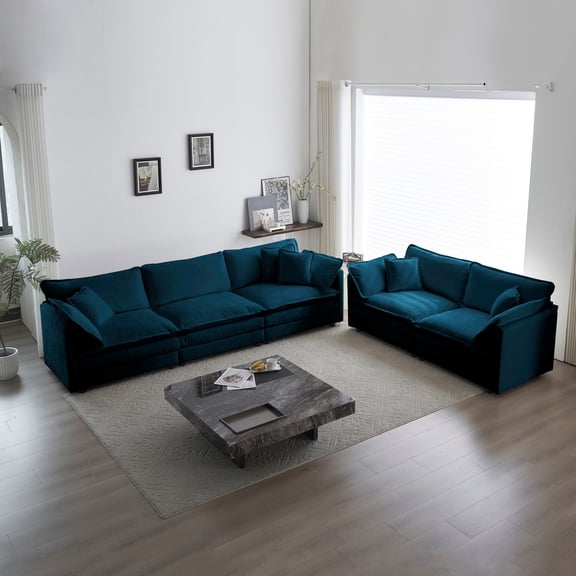 Sofa Set of 2 Chenille Couch, 2 3 Seater Sofa Set Deep Seat Sofa, Modern Sofa Set for Living Room (Blue)