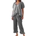 thumbnail image 1 of Gupgi Women Plaid Pajamas Set 2 Piece Sleepwear Lounge Short Sleeve Ruffle Button Down Shirt Drawstring Pants, 1 of 6