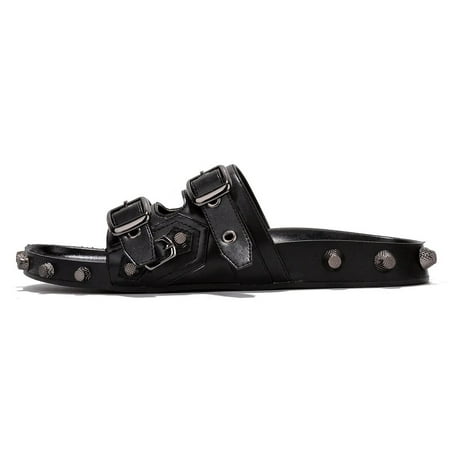 

Cape Robbin Comboo Black Buckle Footbed Stud Details Slip On Flat Slides Sandals (Black 9)