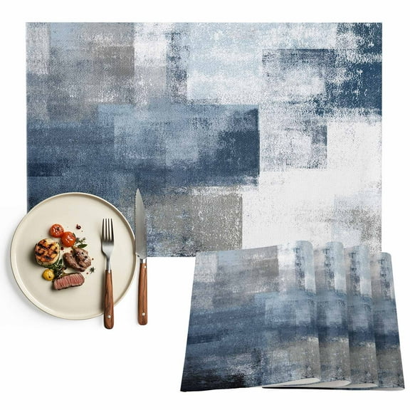 Navy Blue Grey Abstract Paint Placemats Set of 8, Modern Rustic Graffiti Table Mats Washable Heat-Insulation Non-Slip Place Mats for Kitchen Dinner Table Indoor Outdoor Decor,13x19 Inch
