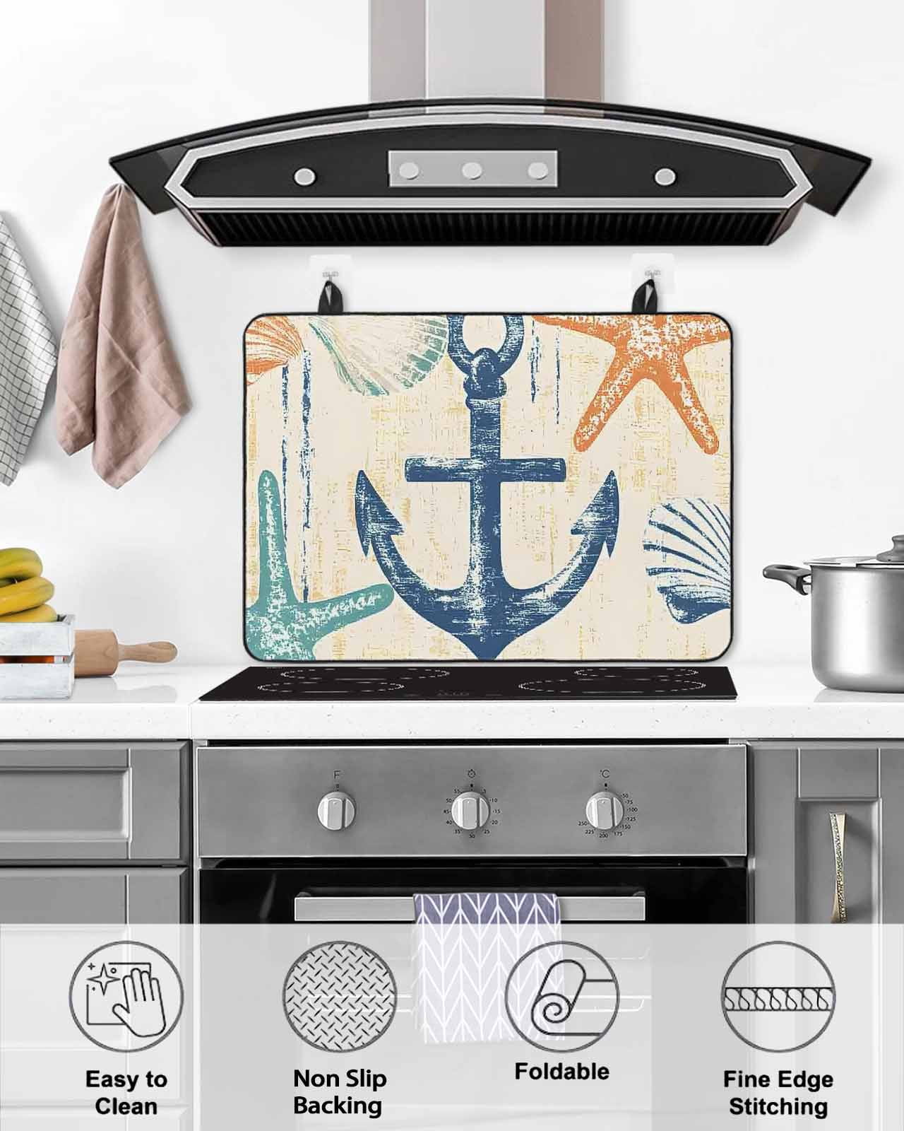 nqOlkjepod Large Induction Cooktop Protector Mat 24"x21", Nautical Anchor Stove Top Covers for Electric Stove, Summer Coastal Ocean Vintage Starfish Stove Burner Cover Mats, Glass Top Stove Cover