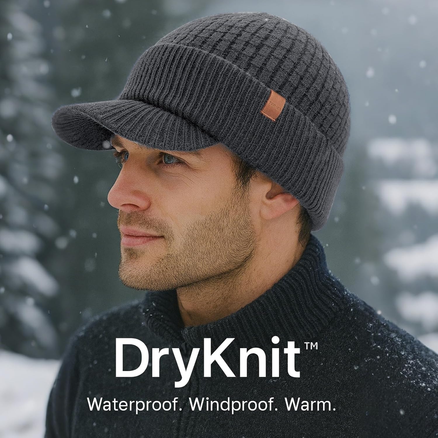 TOP-EX DryKnit™ Waterproof Visor Beanie Hat - Men Women Winter Merino Wool Fleece Lined Skull Cap, Cold Weather Gray, XL XXL XXXL Extra Large Big Head Oversize