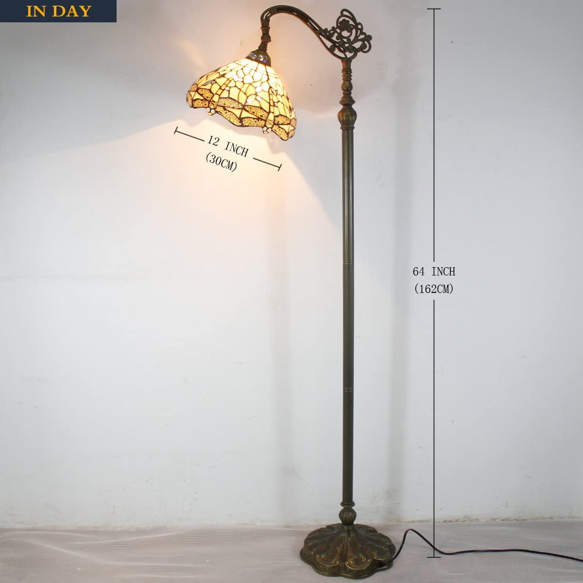 Tiffany Style Reading Floor Lamp Lighting W12H64 Inch 1E26 Cream Stained Glass Crystal Dragonfly Shade Antique Arched Resin Base Foot Switch Easy Assemble S139 LAMPS Lover Home Decoration