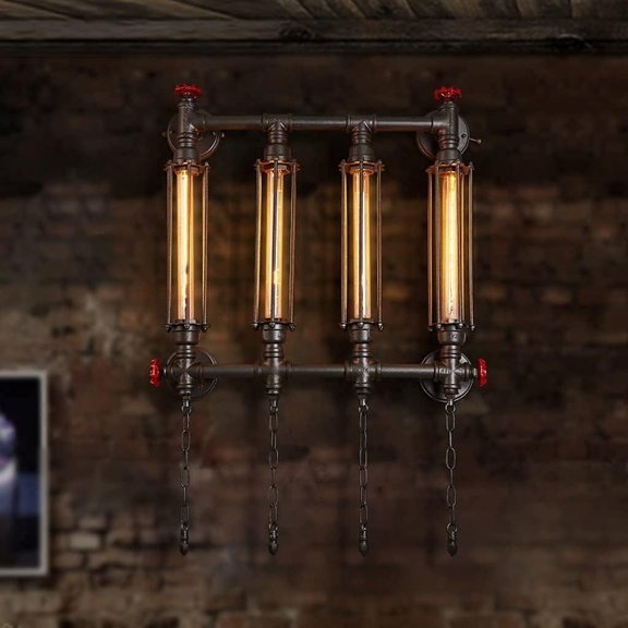 E27 4 Heads Steampunk Wall Light Water Pipe Vintage Creativity Wall Lamp Wrought Iron Edison Test Tube Wall Lamp Cafe Bedroom Restaurant Bar Industrial Sconce